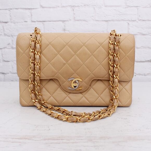 Chanel Paris Limited Two Tone Double Flap Beige Lambskin Leather Shoulder A4710 - Picture 1 of 10